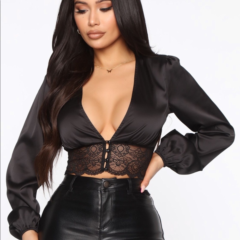 Black lace satin shirt